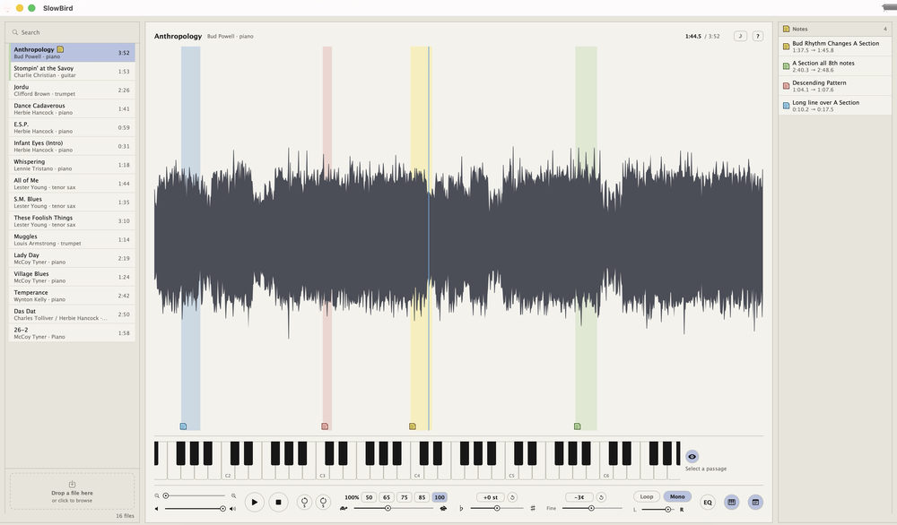 The SlowBird window on macOS: a searchable library of jazz solos down the left, Bud Powell’s Anthropology open as a waveform with four saved passages washed in blue, red, yellow and green, the notes list on the right, and the five-band EQ curve and transport controls below.